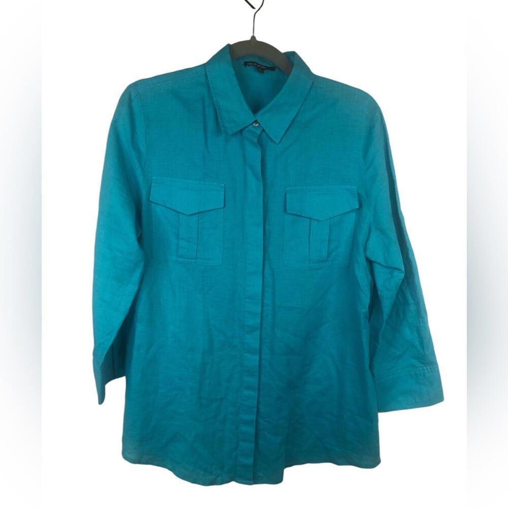 Chaus Sport Blouse Long Sleeve Side Seam Pockets Roll Up Sleeve w/Tabs Linen
